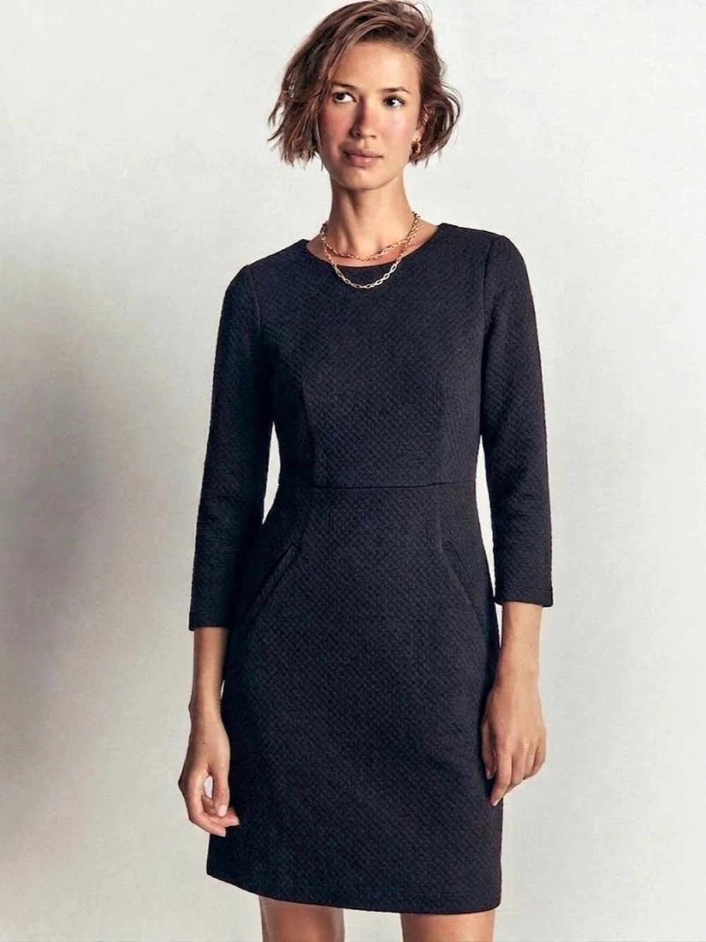 Boden Dress Black Long Sleeve Honeycomb Pattern Fitted Pockets 3/4 Sleeve | Sz 6
